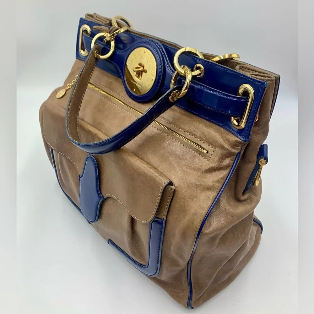 Auth Balenciaga Smooth Brown Leather Navy Patent Top Handle Moon Bag Preloved